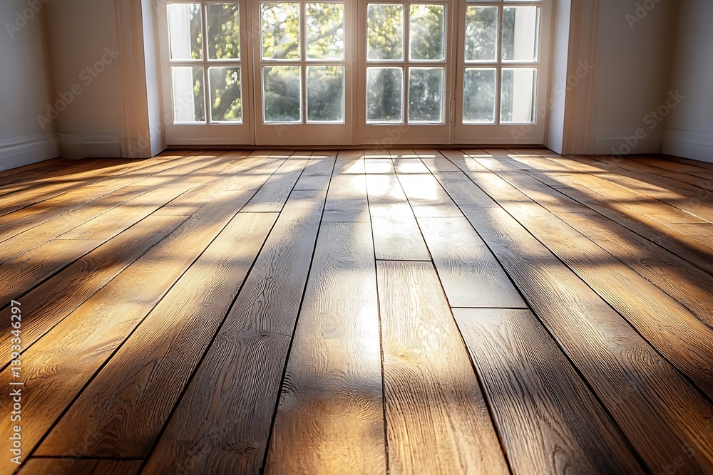 Poster sunlit hardwood flooring with light streaming through window empty room interior for home design and
