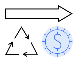Obraz premium Arrow pointing ahead, recycling triangle, and a coin with a dollar sign. Ideal for progress, sustainability, finance, eco-consciousness, economic growth transitions and circular economy. Flat
