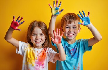 Happy kids with painted hands in finger paint. Boy, girl with color splatters on t-shirts, smiling. Child art, creative education. Joyful childhood, art school. Colorful background.