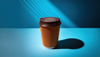 Disposable coffee cup with lid on blue background under dramatic lighting