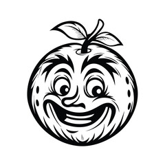 Cartoon Orange with Smiling Face and Leaves in Black and White Outline
