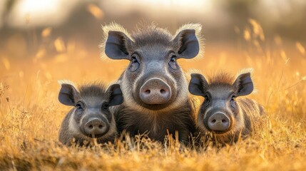 Fototapeta premium Three adorable wild piglets resting in tall grass