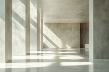 Obraz premium Modern Minimalist Concrete Interior with Sunlight Shining Through Columns Casting Shadows on Floor : Generative AI
