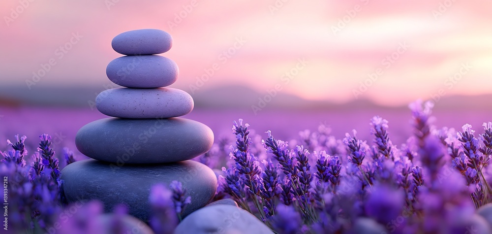 Aufkleber Lavender Field with Stacked Stones and Soft Twilight Sky in the Background : Generative AI