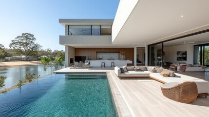 Fototapeta premium Modern waterfront home with infinity pool