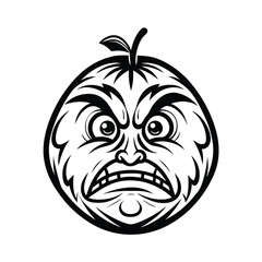 Angry Apple Fruit, Tribal Style, Black and White Illustration, Cartoon Face, Furious Look