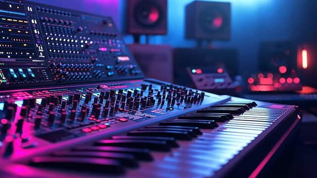 Close-up view of a synthesizer keyboard in a vibrant studio with colorful lights and sound equipment