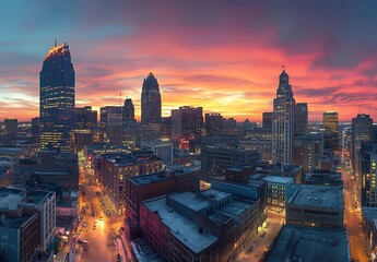 Fototapeta premium Buffalo city skyline bathed in twilight hues showcasing architectural beauty at sunset : Generative AI