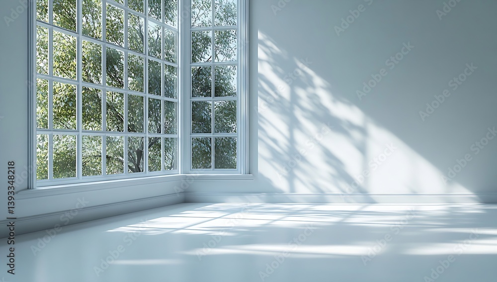 Poster bright empty room with large window and tree view minimalist interior design : generative ai