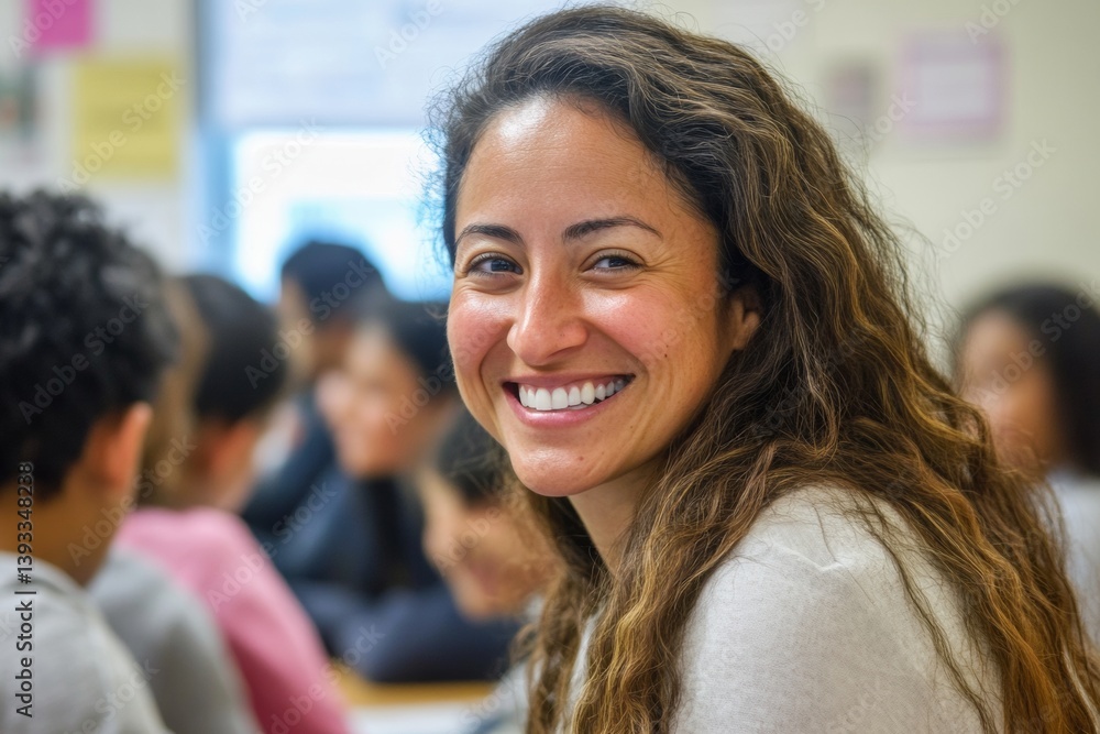 Poster a teacher with a friendly smile is engaging with students in a classroom filled with attentive learn