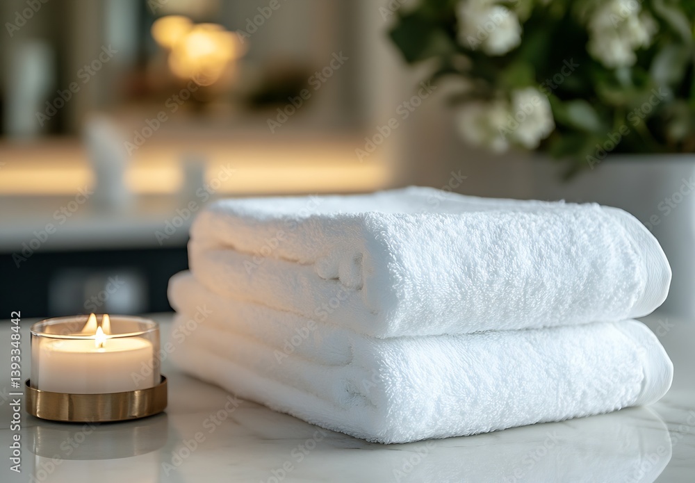 Poster Stacked White Towels with Burning Candle on Marble Surface Spa and Relaxation Concept Clean and Fresh Bathroom Scene : Generative AI