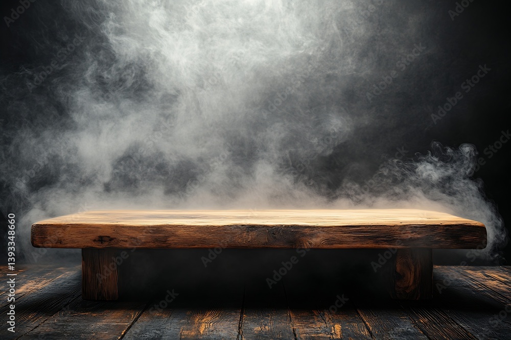 Poster rustic wooden table with smoky background ideal for product display or atmospheric visuals great foo