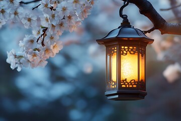 A Glowing Lantern Hanged Amongst Blossoms During Twilight Hours