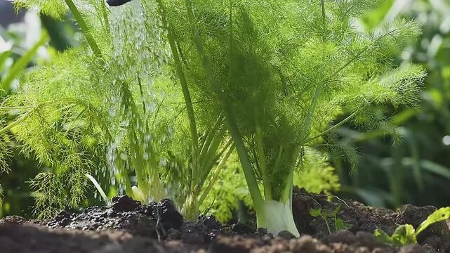 Close up of a Farmer's watering can watering the fennel in the garden. KM0 Agriculture