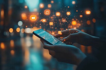 Digital Connectivity Concept Hands Holding Smartphone with Glowing Network Icons Futuristic Cityscape Background : Generative AI