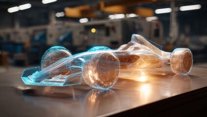Futuristic 3D hologram of a racing car model.