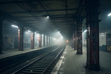Obraz premium Abandoned Subway Station with Flickering Lights