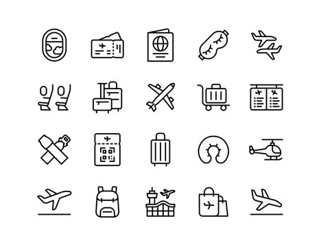 Air Travel Vector Icon Set | Adjustable Line Weight | Plane window, boarding pass, seats, luggage, seatbelts, helicopter, jet, backpack, airport icons