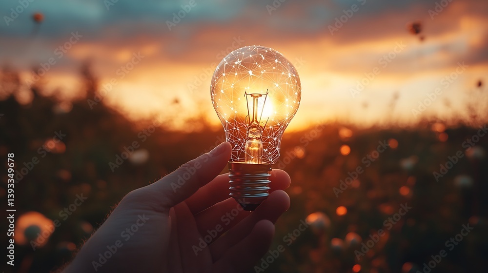 Poster creative idea concept with light bulb in hand during sunset innovation and inspiration for a new beg