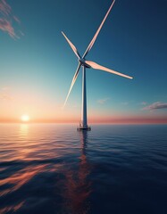 Offshore Wind Turbine at Sunset Over Ocean