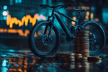Black Mountain Bike with Gold Coin Stack and Stock Chart Background for Financial Fitness : Generative AI