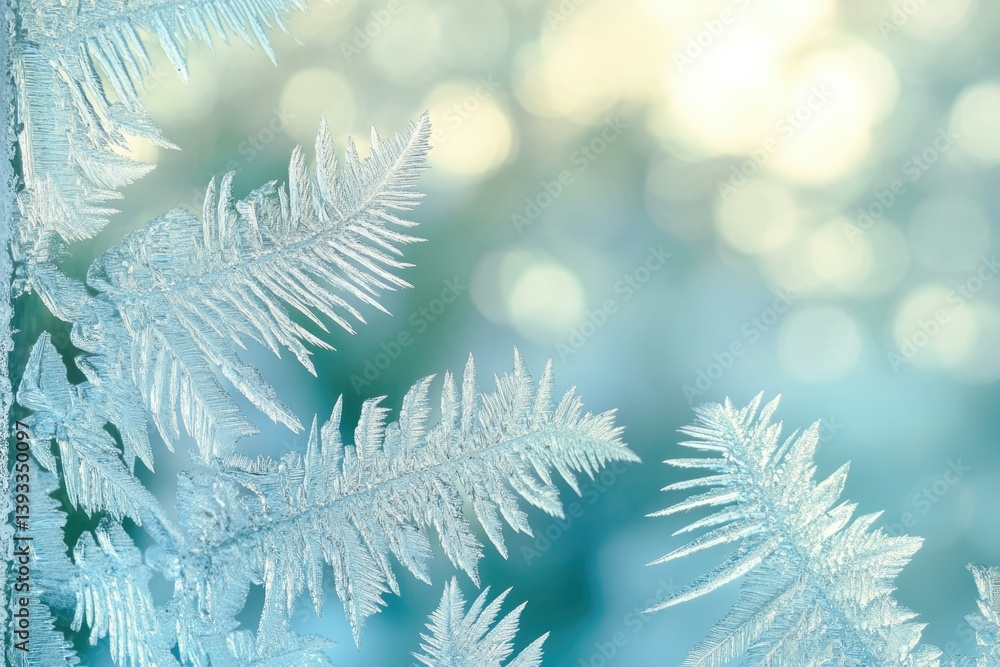 Poster intricate ice crystals form beautiful fern-like patterns on a frosty window pane, illuminated by sof