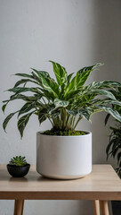 Fototapeta premium Flourishing plant in a white pot for modern interiors.