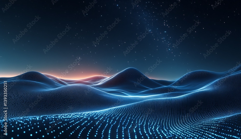Aufkleber Serene glowing blue hillscape with sparkling elements and a beautiful starry horizon at dawn : Generative AI