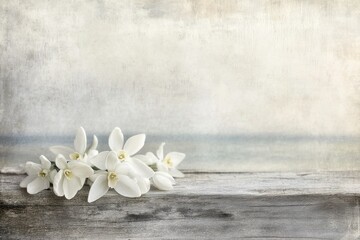 Fototapeta premium Delicate white flowers rest on weathered wood against a textured background, creating a serene and peaceful scene.