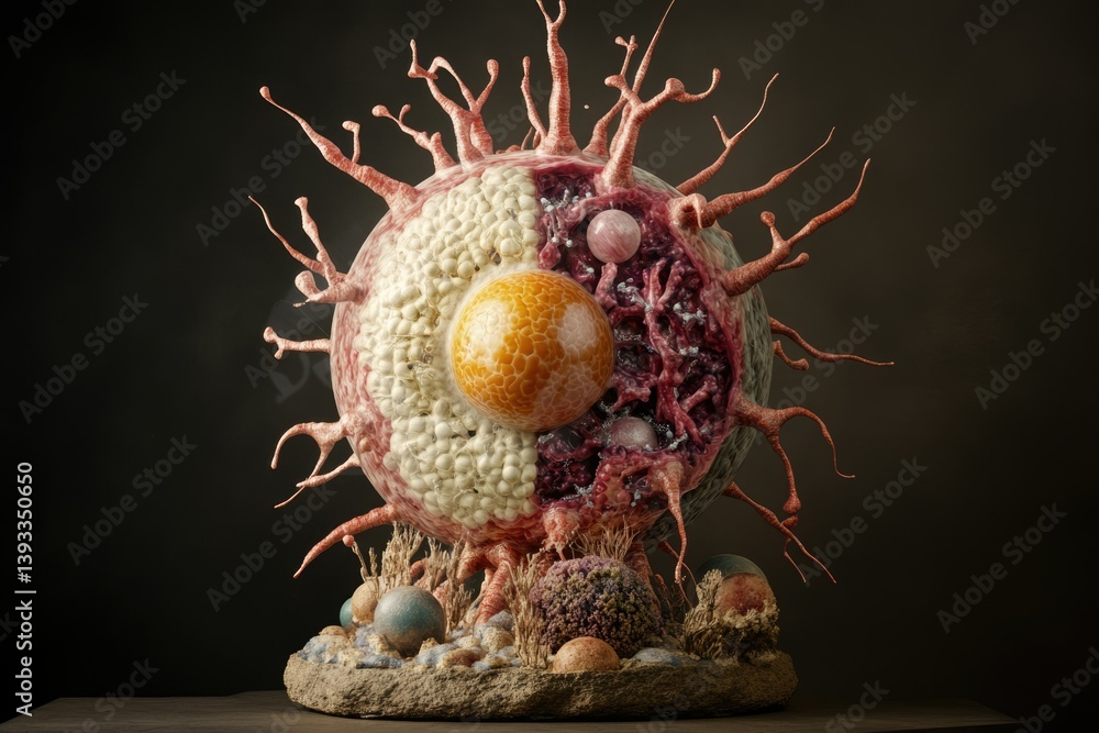 Poster a meticulously crafted model of a cell, revealing its intricate internal structures and components.