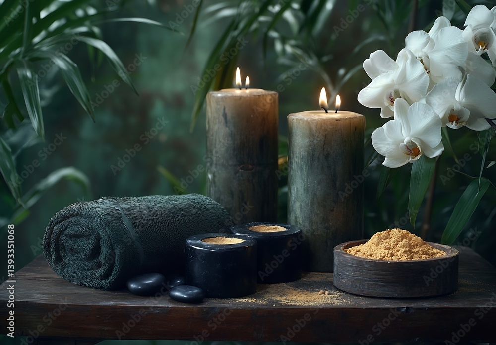 Aufkleber zen spa still life with candles towel and orchids for wellness and relaxation : generative ai