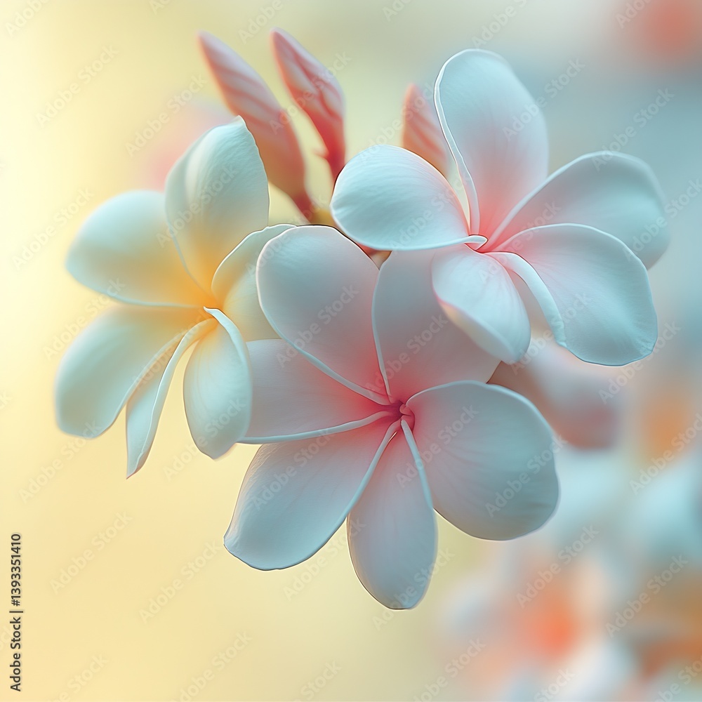 Poster softly hued clusters of plumeria flowers creating an inviting visual of nature's elegance with a pas