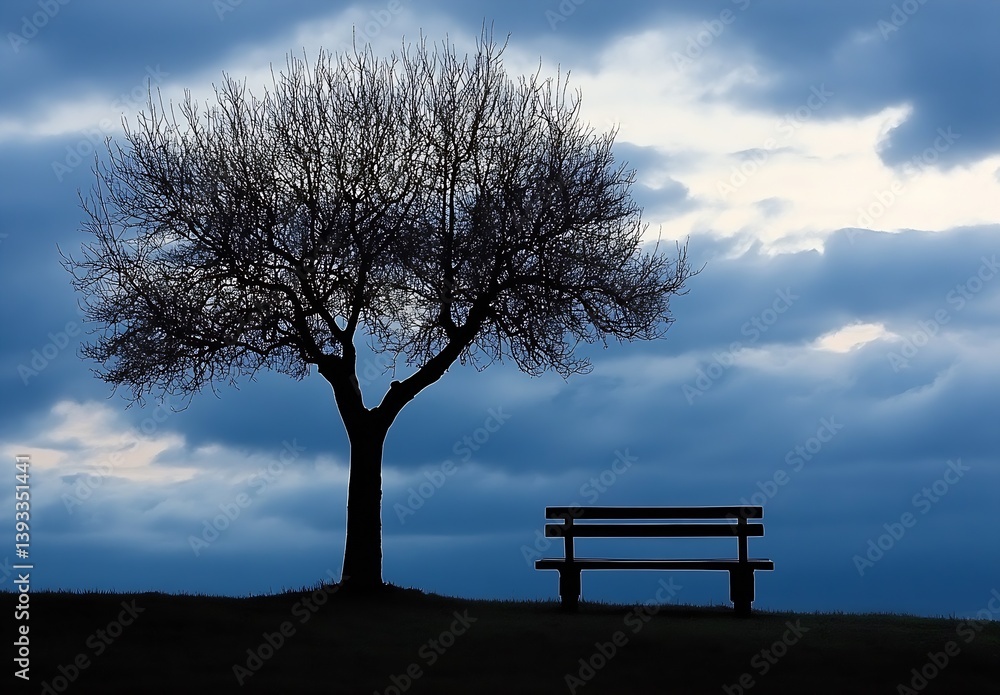 Poster mystic atmosphere of a bench and tree under a blue cloudy sky : generative ai