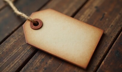 A rustic blank price tag on a wooden surface, perfect for branding, labeling, or creating a vintage aesthetic in projects related to crafts, retail, or personal gifts.