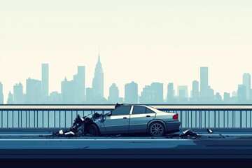 Naklejka premium Graphic representation of a car accident in a city setting with a skyline