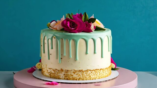 Delight in the artistry of a beautifully decorated cake with vibrant flowers and striking colors for a special celebration Generative AI