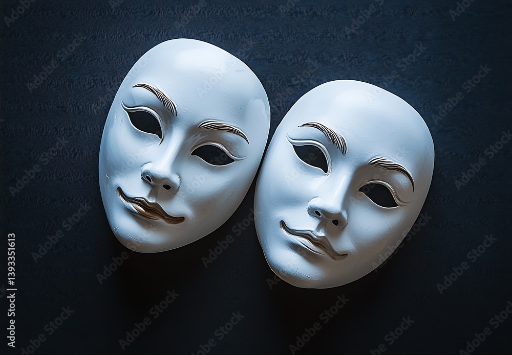 Poster charming display of two white theatrical masks with golden accents evoking feelings of elegance on a