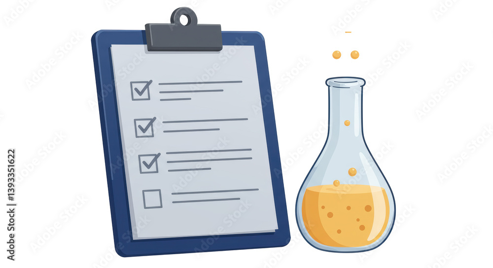 Aufkleber isolated clipboard with checkmarks and erlenmeyer flask