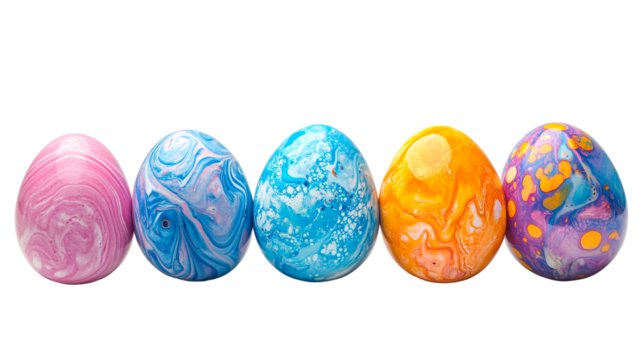 Colorful marbled Easter eggs, festive spring decorations, cut out transparent