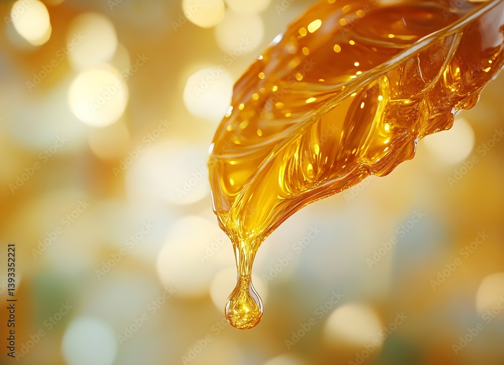 Poster liquid gold honey dripping from leaf with bokeh background macro shot sweet nectar golden syrup natu