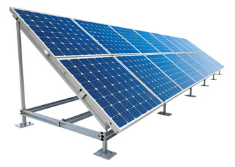 A modern solar panel with blue photovoltaic cells for renewable energy and sustainable technology on a transparent background