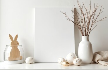 Easter holiday mockup. White blank canvas, vase with willow branches, decorative easter eggs, wooden bunny decor. Spring festive interior decor. Perfect for cards, posters, greetings.