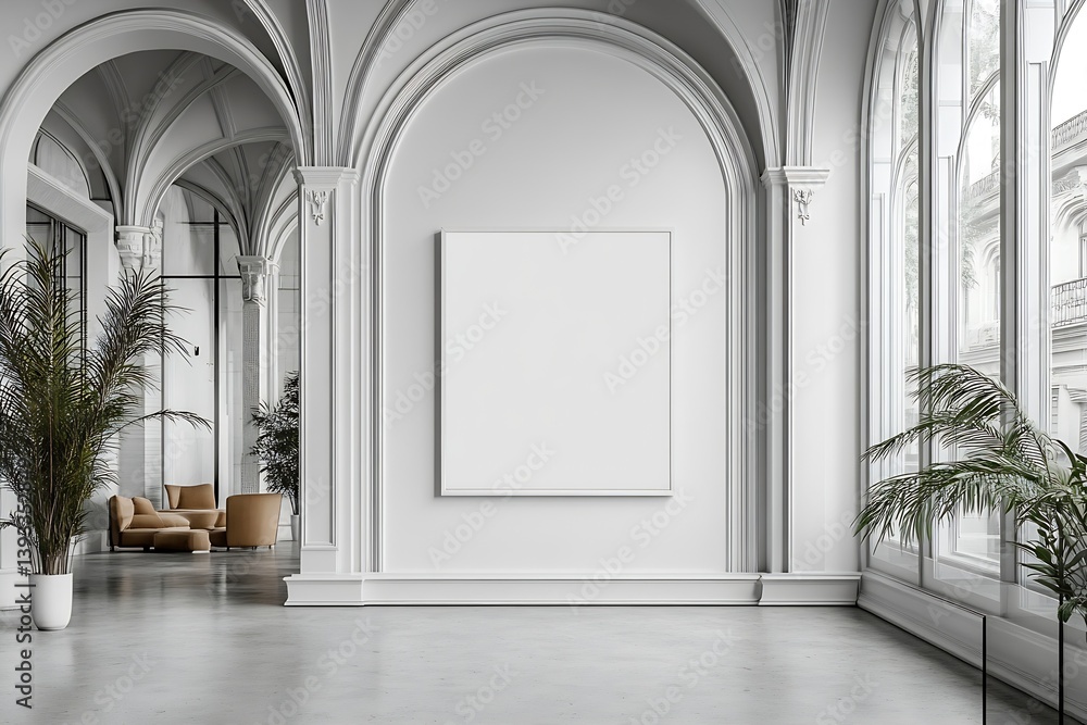 Leinwandbilder elegant white interior with arched windows plants and blank square frame for art display gallery moc