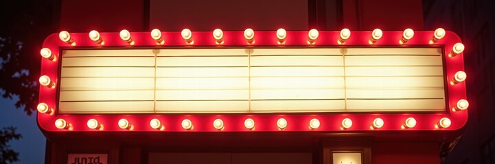 A classic marquee sign adorned with bright red lights, perfect for showcasing movie titles, events, or promotions in entertainment venues or theaters.