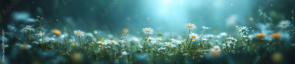Aufkleber Dreamy Daisy Meadow with Soft Lighting and Bokeh Floral Background Spring and Summer Nature Photography : Generative AI