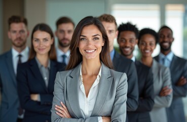 Fototapeta premium Successful diverse business team. Confident lady leader in front, smiling group of professionals in office, happy employees. Positive attitude, modern corporate business portrait.
