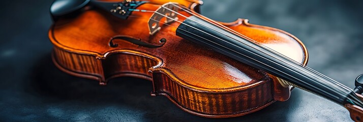 Fototapeta premium Beautiful antique violin resting on a dark surface