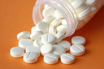 A white jar on an orange background overflows with large white pills
