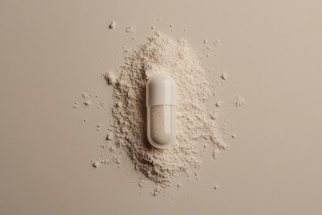 A capsule has been opened to reveal its supplement powder against a beige-colored background