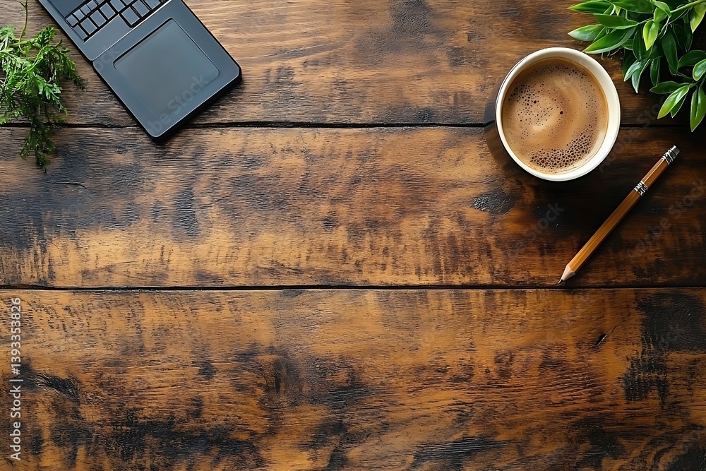 Aufkleber wooden desk workspace with laptop coffee cup and stationery minimalist office setup with natural lig